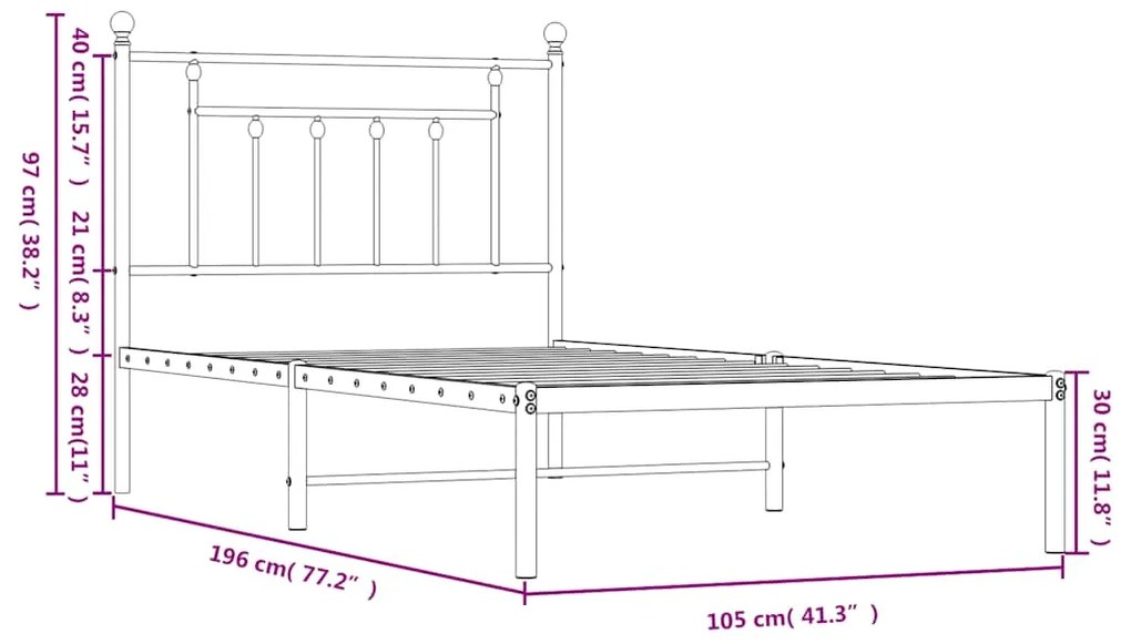 Estrutura de cama com cabeceira 100x190 cm metal preto