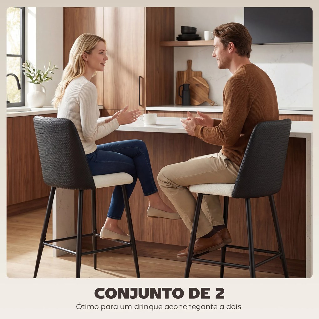 Conjunto de Bancos Altos de Cozinha com Encosto e Descanso para os Pés Revestidos em Linho e PU Estrutura de Aço Preto