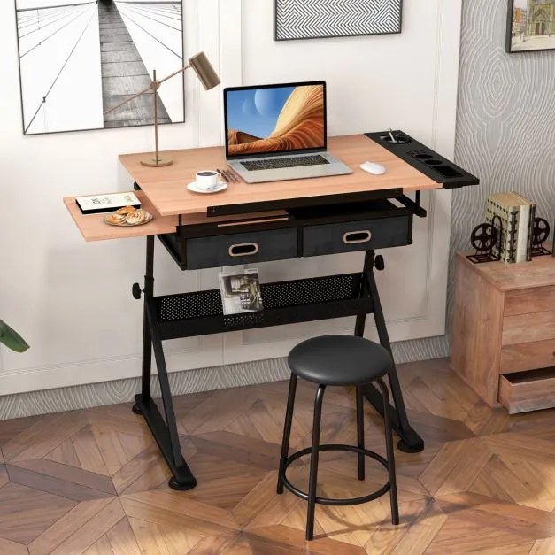 Mesa de desenho estirador ajustável em altura e ângulo 2 gavetas com banco Natural