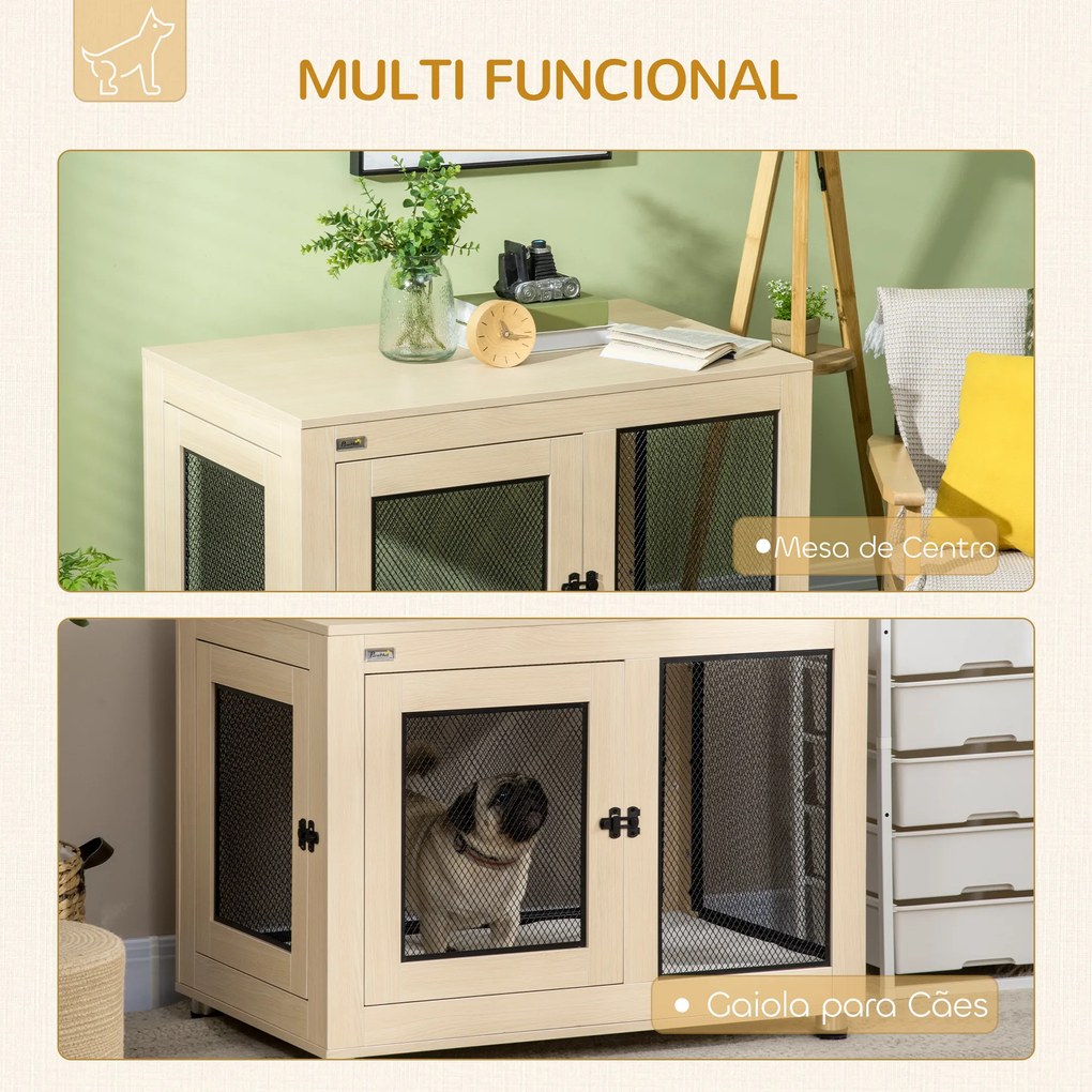 Gaiola para Cães de Madeira Mesa de Centro l com 2 Portas com Fechadura Almofada de Tecido Oxford 94x60x71,5 cm Madeira