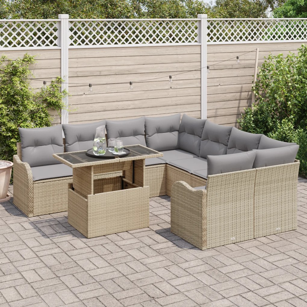 Conjunto de Sofá de Jardim 9 Peças com Almofadas Bege Poliratan, Sofá