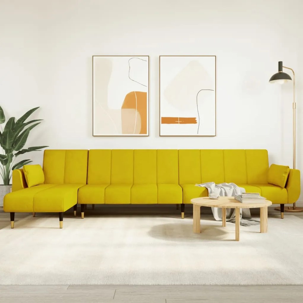 3157210 vidaXL Sofá-cama em forma de L 275x140x70 cm veludo amarelo