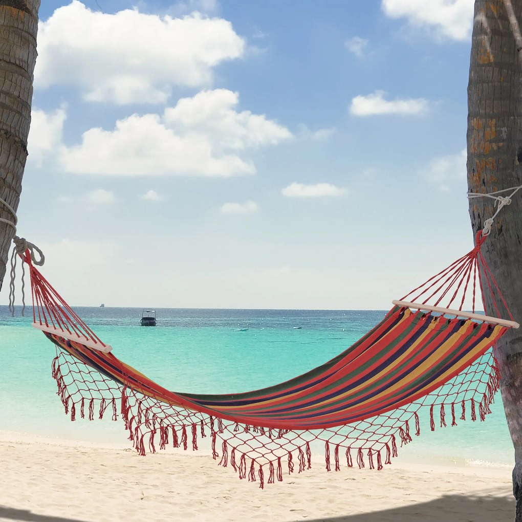 Cama Rede de Jardim 200x100 cm Rede Suspensa com Travessas de Madeira para Pátio Varanda Campismo Multicolor