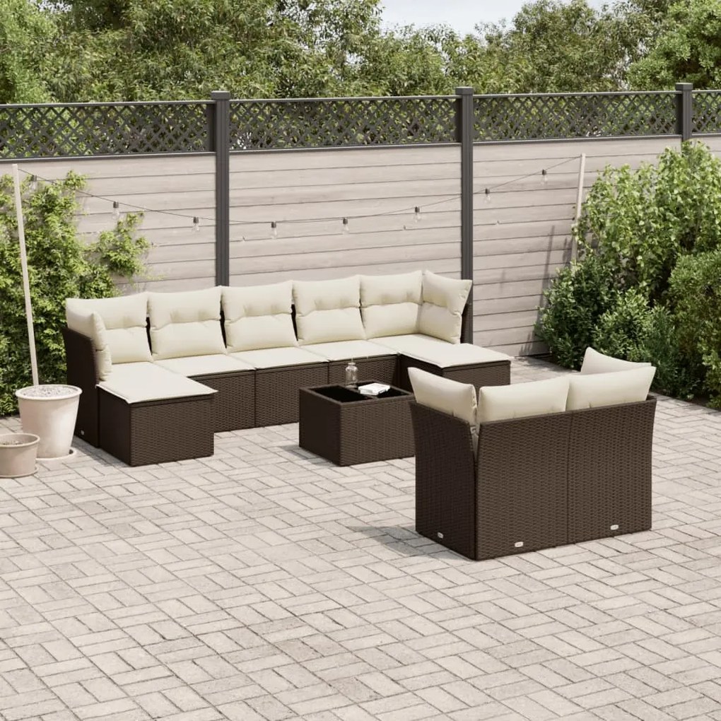 vidaXL 10 pcs conj. sofás jardim com almofadões vime PE castanho