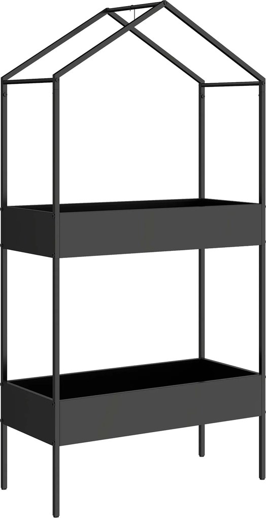 Outsunny Estante para plantas de 2 níveis em forma de casa, 150 cm de altura, suporte com gancho, metal, Preto | Aosom Portugal