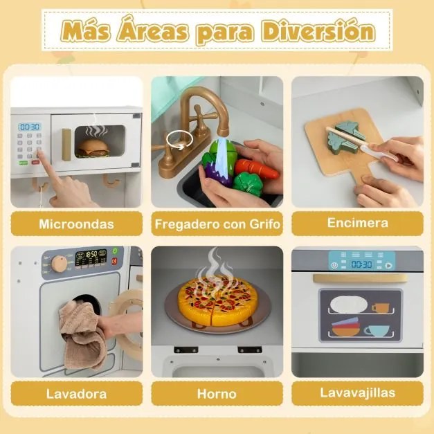 Cozinha de brincar de canto com luzes e sons. Inclui lava-loiça, fogão, micro-ondas, forno, máquina de lavar e acessórios para crianças com mais de 3