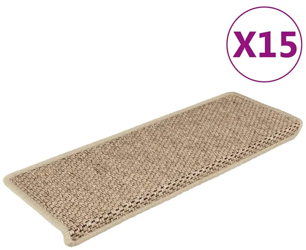vidaXL Tapetes escada adesivos aspeto sisal 15pcs 65x21x4cm cor areia