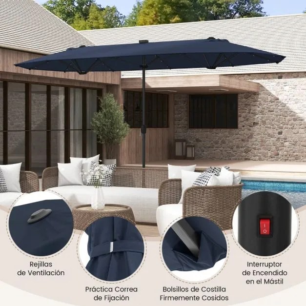 Guarda-sol jardim Duplo 4 x 2 m com Luzes Solares com base e Manivela Azul Marinho
