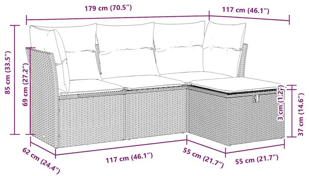 4 pcs conjunto sofás de jardim c/ almofadões vime PE castanho