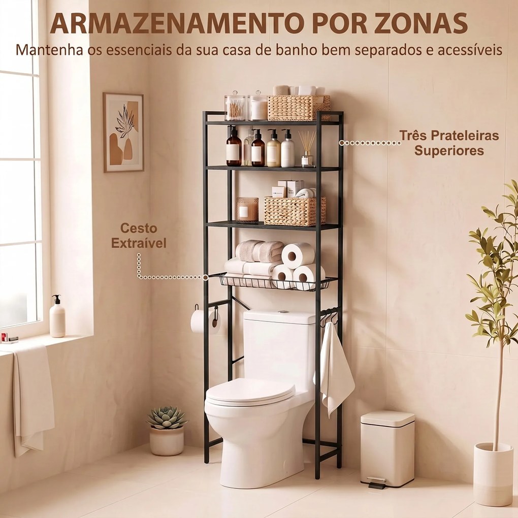 Móvel para Sanita de 3 Níveis com Porta-Rolos Prateleiras Ajustáveis Cesto Amovível e Ganchos Castanho Rústico