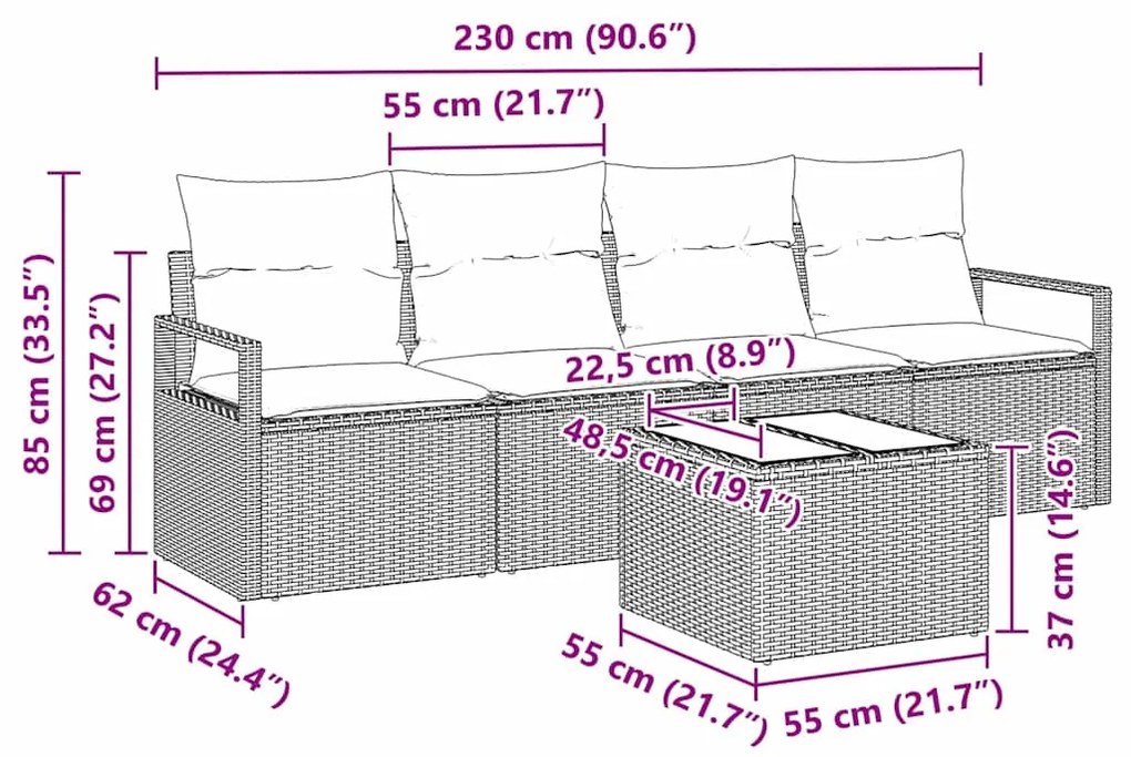 Conjunto de sofá de jardim de 5 peças com almofadas bege em rattan sin