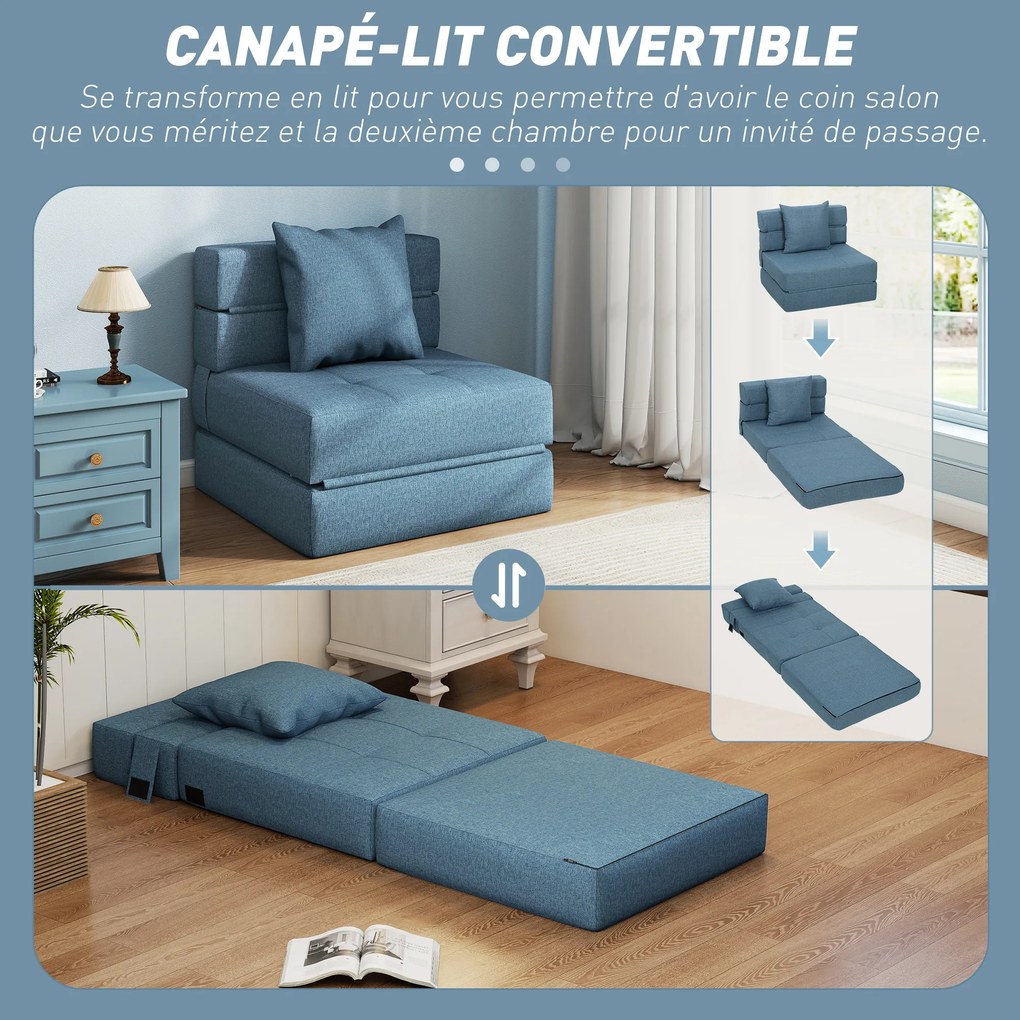 Poltrona-sofá-cama convertível de 1 lugar com 1 almofada com capa removível, tecido azul escuroR