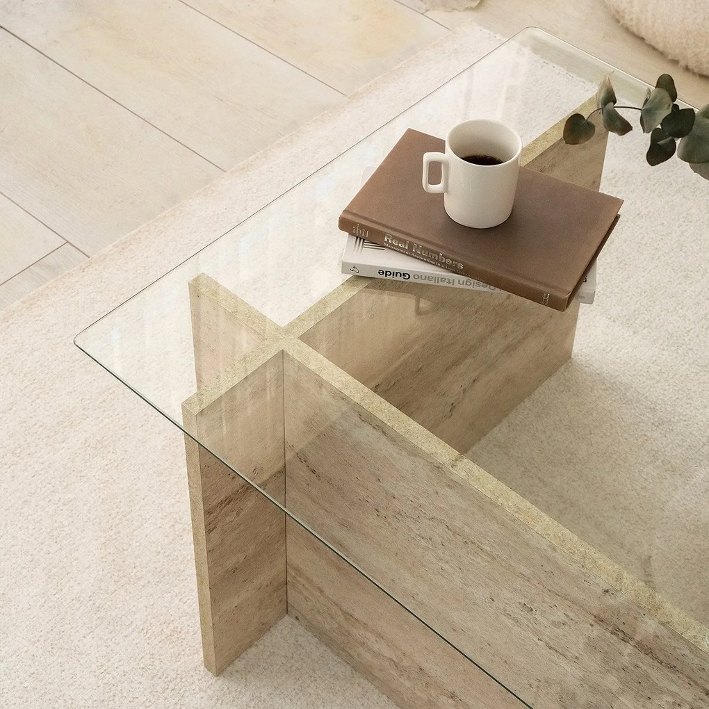 Mesa de Centro em Vidro e Travertino – New Escape – 105x65x40 cm