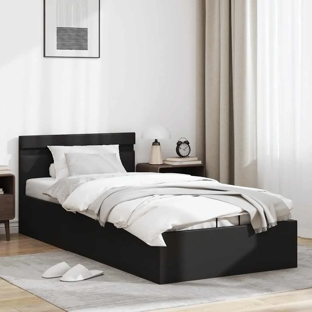Cama hidráulica c/ arrumação LED 90x200cm couro artifi. preto