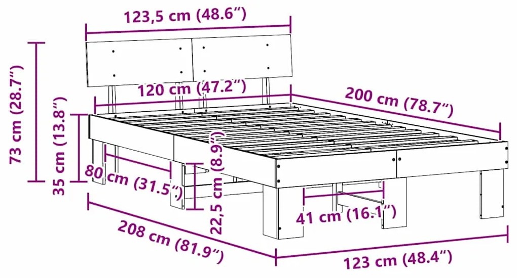 Estrutura da Cama com cabeceira Castanho-mel 120 x 200 cm