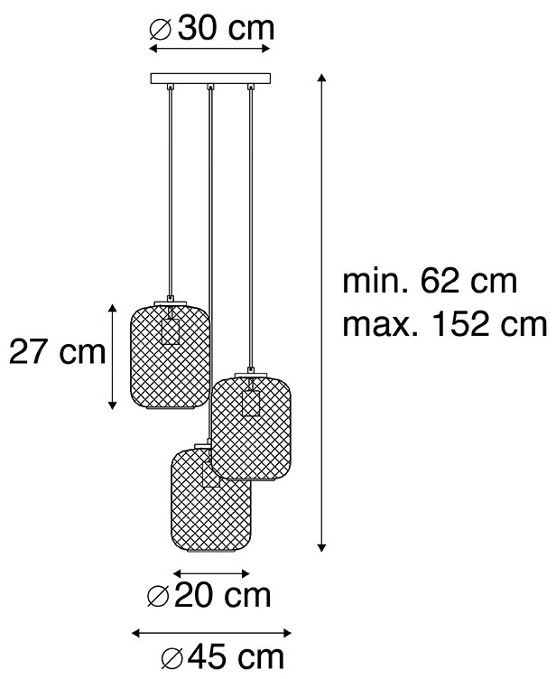 Candeeiro suspenso Art Déco ouro 45 cm 3 luzes - Bliss Mesh Industrial