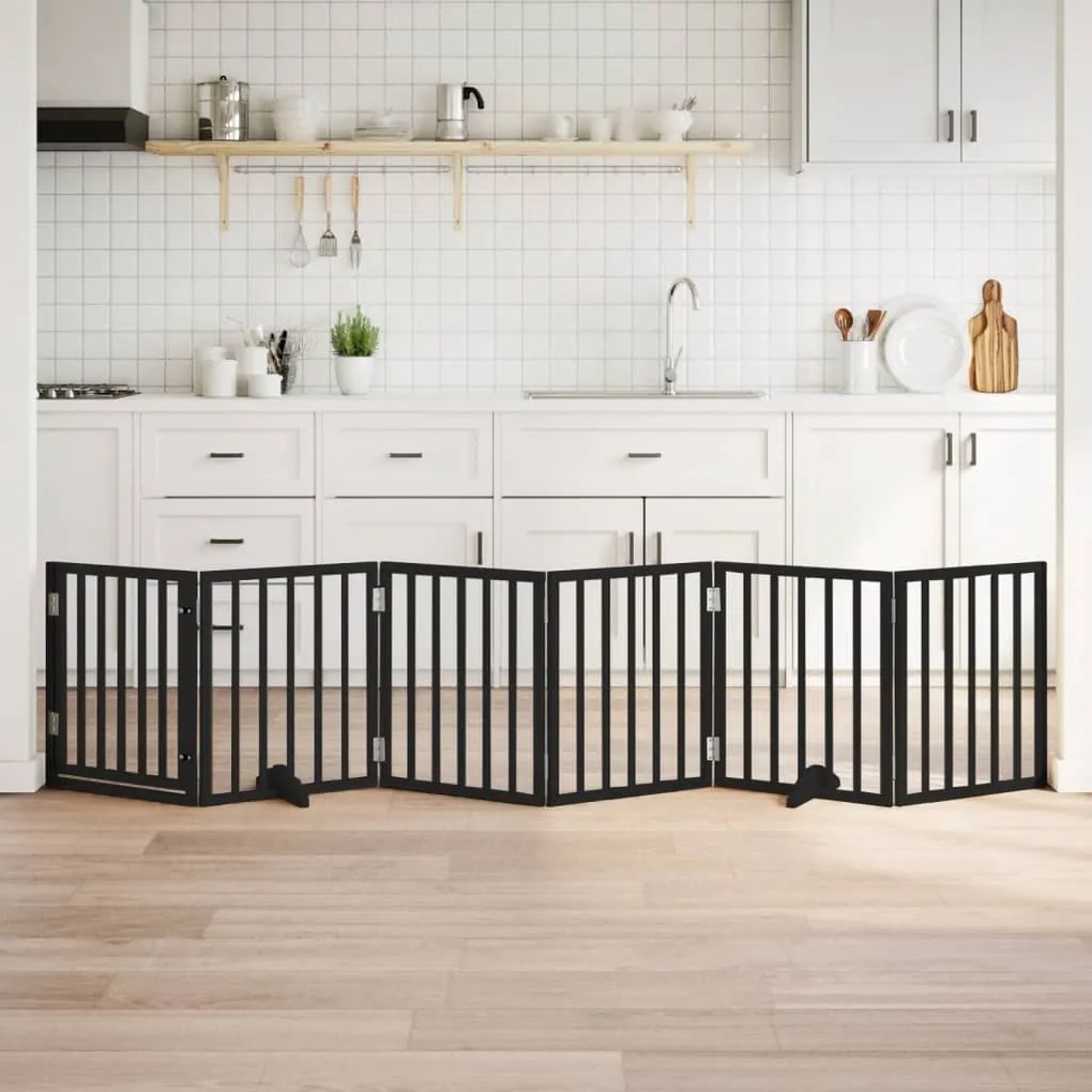 vidaXL Portão p/ cães com porta dobrável 6 painéis 300 cm álamo preto
