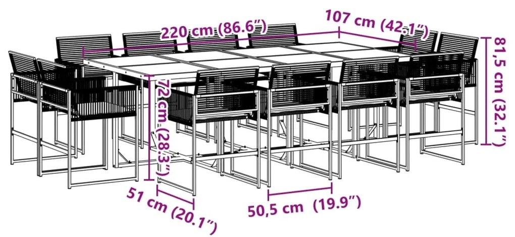 13 pcs conjunto de jantar p/jardim com almofadões vime PE preto
