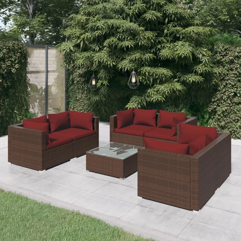vidaXL 7 pcs conjunto lounge jardim c/ almofadões vime PE castanho