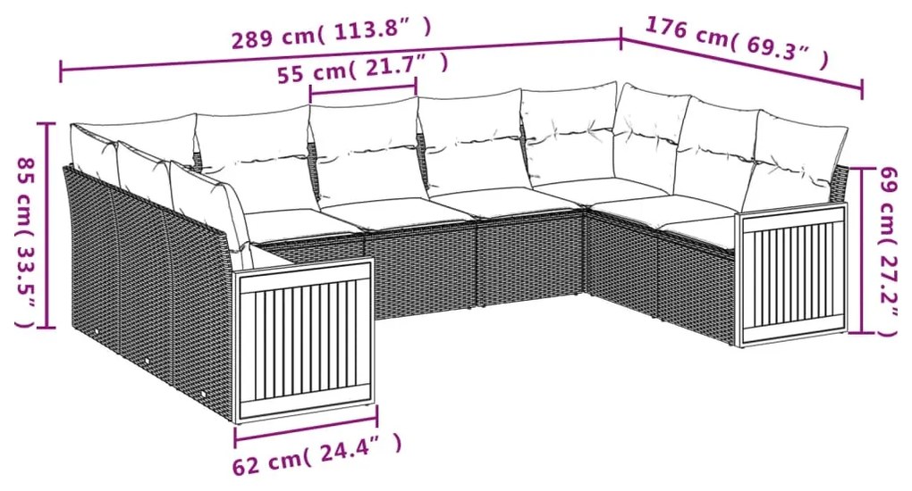 9 pcs conjunto de sofás p/ jardim com almofadões vime PE bege
