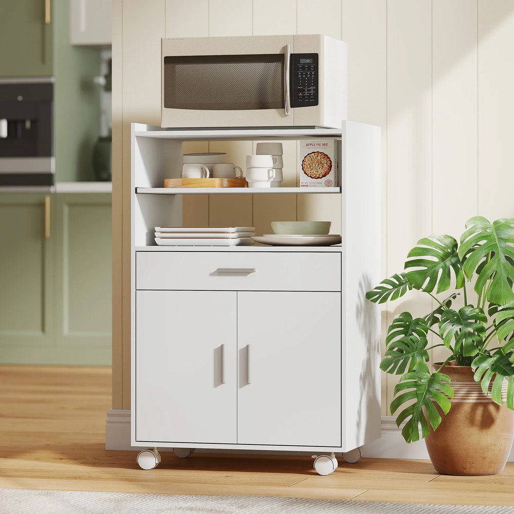 Carrinho de cozinha com rodas 59 x 40 x 92 cm, carrinho para micro-ondas com rodas, armário, gaveta e prateleiras, branco