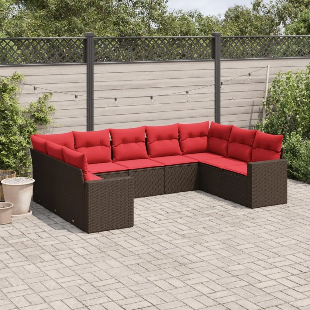 vidaXL 9 pcs conjunto sofás p/ jardim c/ almofadões vime PE castanho