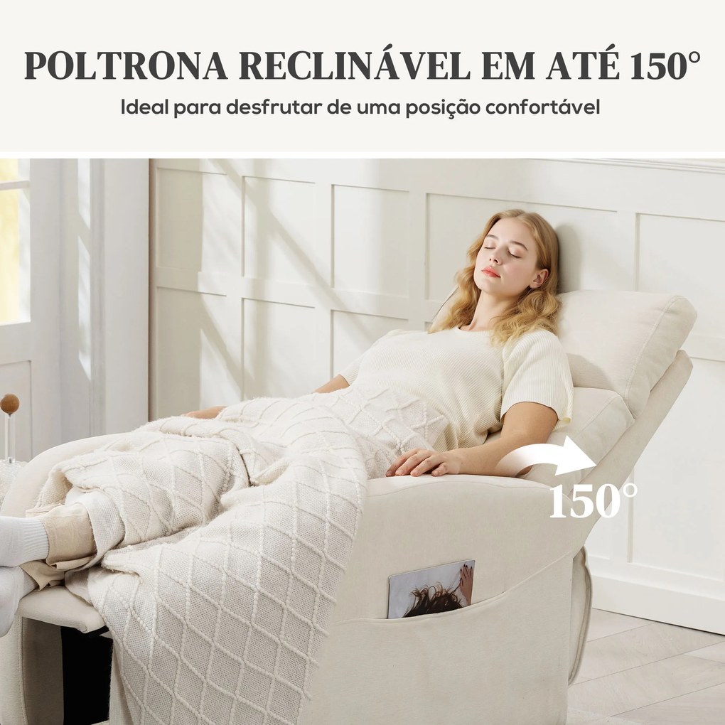 Poltrona Relax Reclinável Manual Estofada em Linho Sintético com Apoio para os Pés e Bolso Lateral 68x90x106 cm Creme