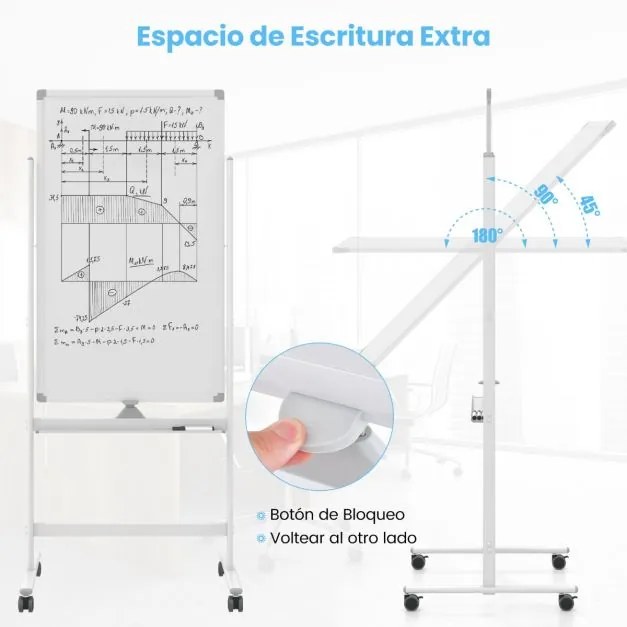 Quadro branco magnético móvel 60 x 100 de dupla face com suporte sobre rodas Altura ajustável para escritório Escola Branco