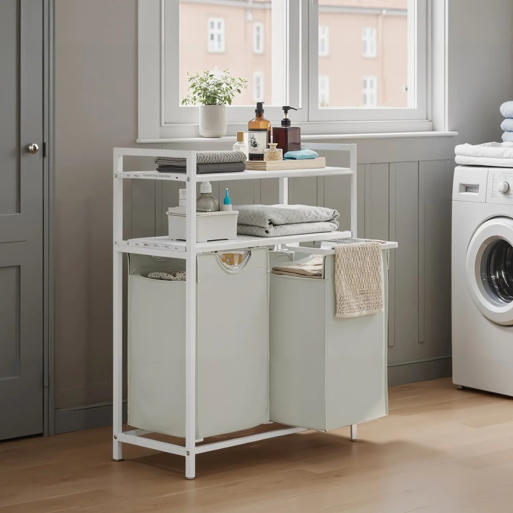 Cesto para roupa suja com 2 compartimentos com 2 prateleiras, saco removível e extraível 73 x 33 x 92 cm Branco