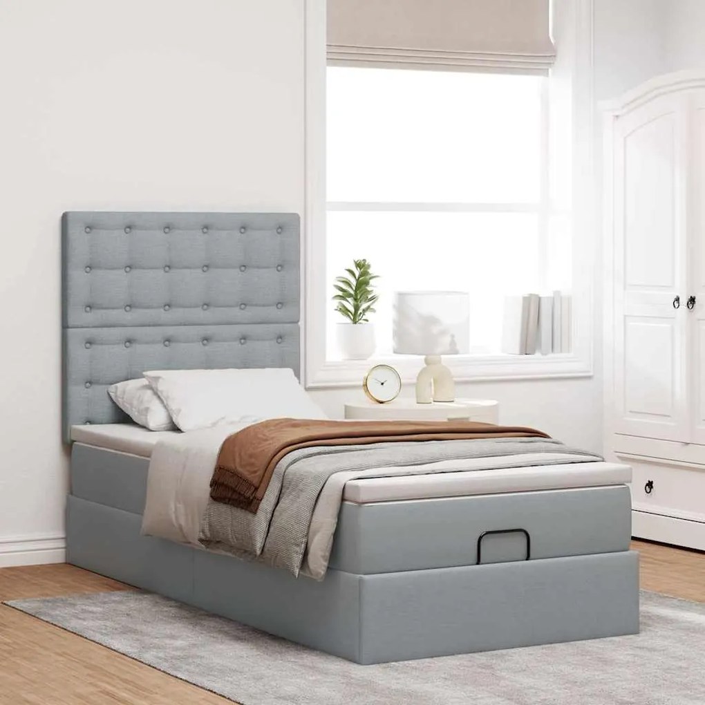 Cama Otomana com colchão & LEDs 90x200 cm tecido cinzento claro
