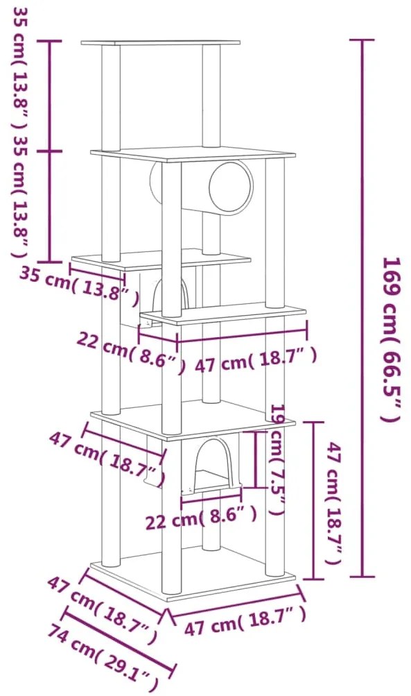 Árvore p/ gatos c/ postes arranhadores sisal 169 cm cinza-claro