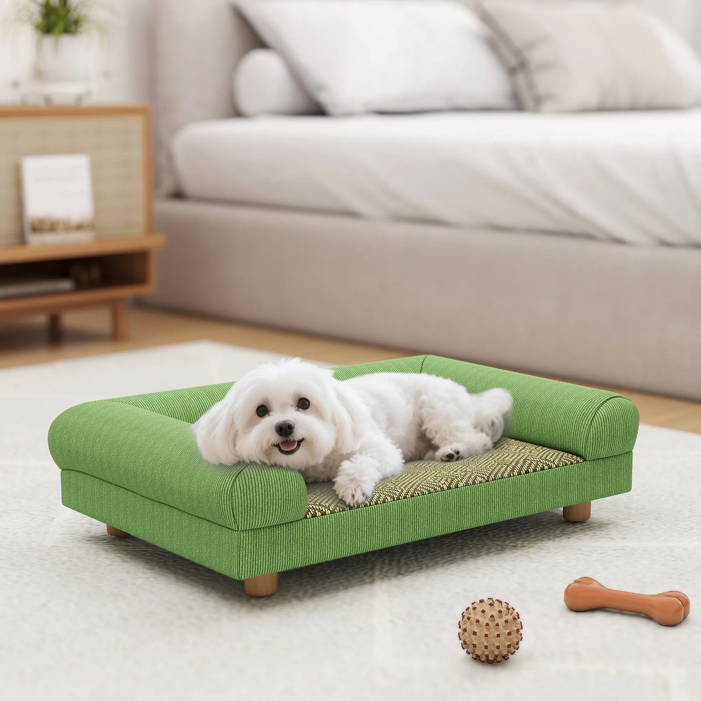 Sofá para cães e gatos, cama elevada, assento com tapete fresco, braços, em veludo macio, 63 x 41 x 17 cm, verde