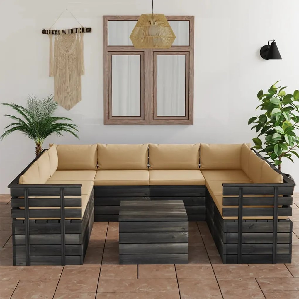 9 pcs conjunto lounge de paletes + almofadões madeira de pinho