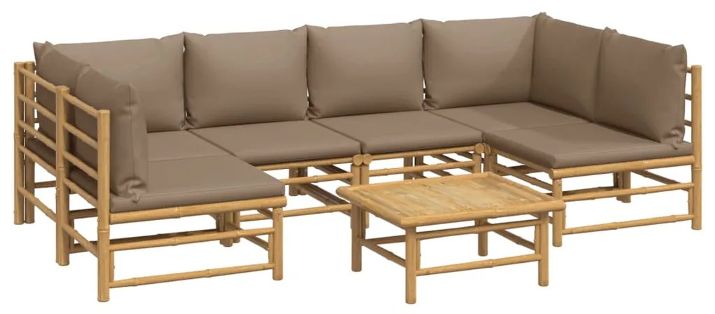 7 pcs conj. lounge jardim bambu c/ almofadões cinza-acastanhado
