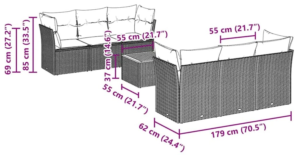 7 pcs conjunto de sofás p/ jardim c/ almofadões vime PE preto
