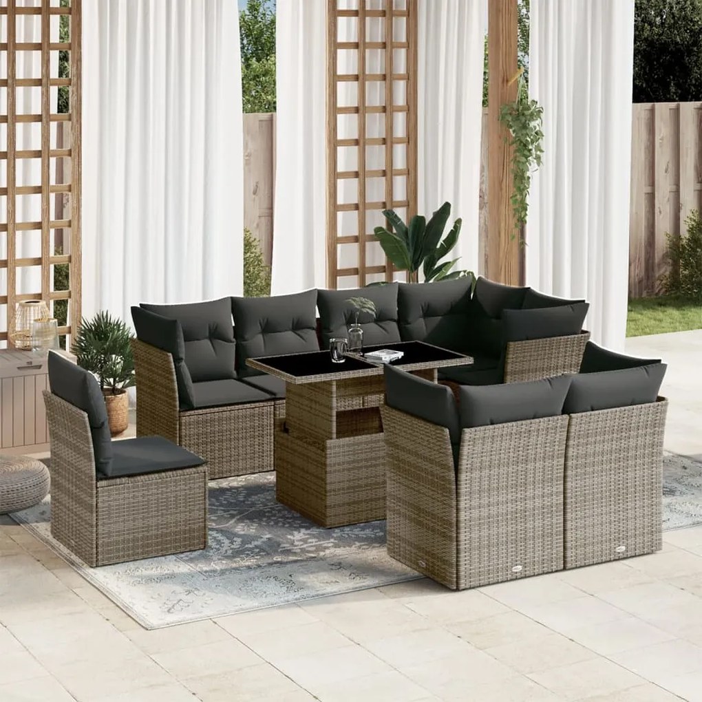 9 pcs conjunto sofás p/ jardim com almofadões vime PE cinzento