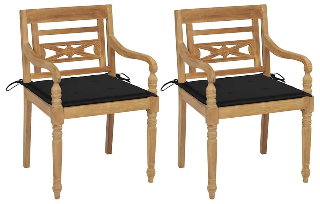 vidaXL Cadeiras Batávia c/ almofadões preto 2 pcs teca maciça