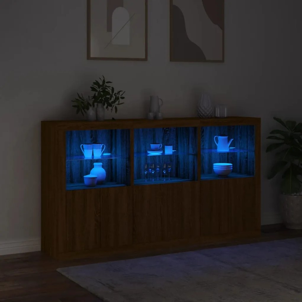 Aparador com luzes LED 181,5x37x100 cm carvalho castanho