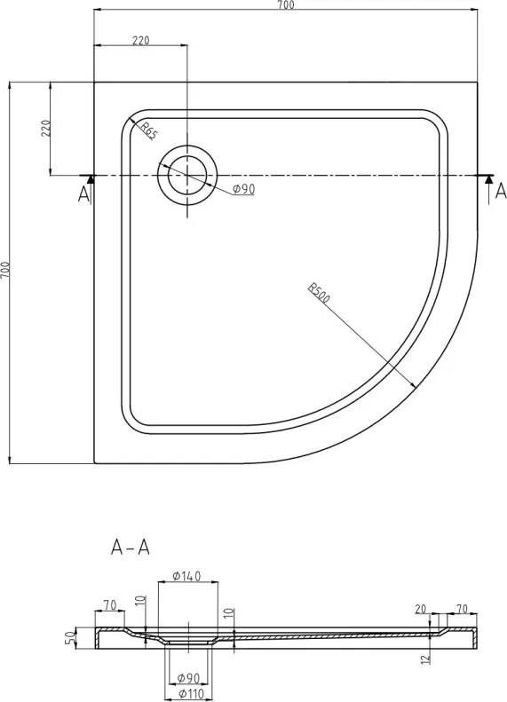 Mexen Flat base de duche semicircular slim 70 x 70 cm, branco, sifão cromado - 41107070