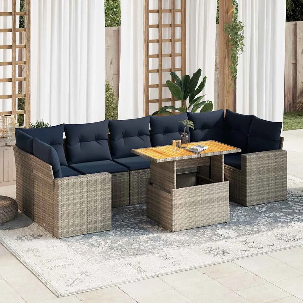 8 pcs conjunto sofás de jardim c/ almofadões vime PE cinzento