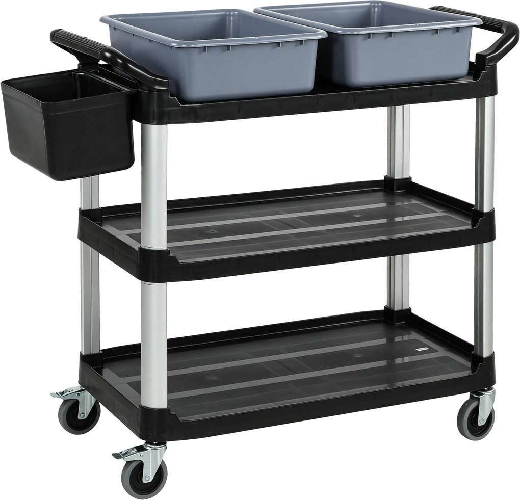 Carrinho de Limpeza com Rodas com 3 Prateleiras 2 Contentores e Balde Lateral Suspenso Carga 100 kg Preto.