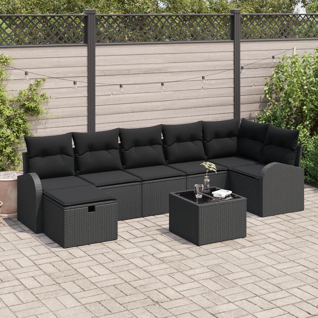 Conjunto de 8 Peças de Sofá de Jardim com Almofadas Preto Rattan Polié