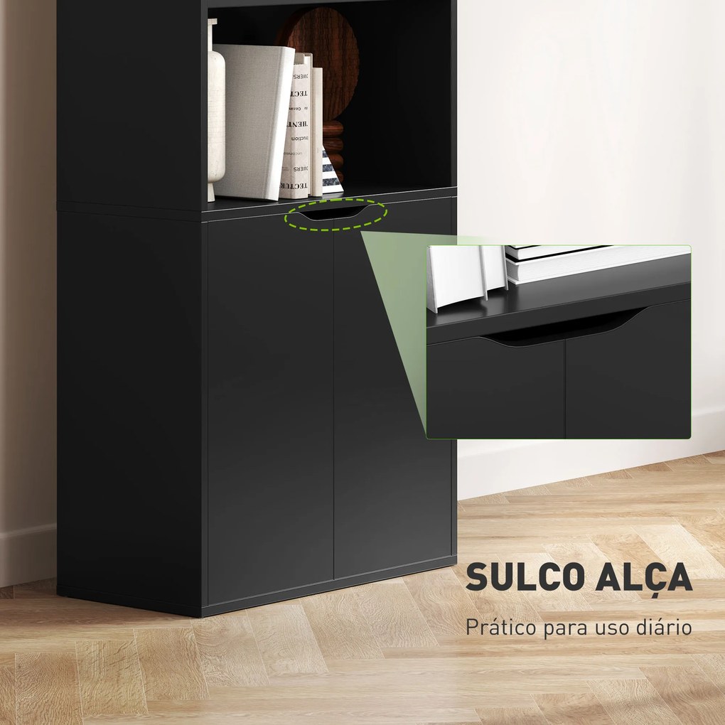 Estante para Livros de 6 Níveis Portas e 4 Prateleiras Abertas para Sala Escritório 59x29x180 cm Preto
