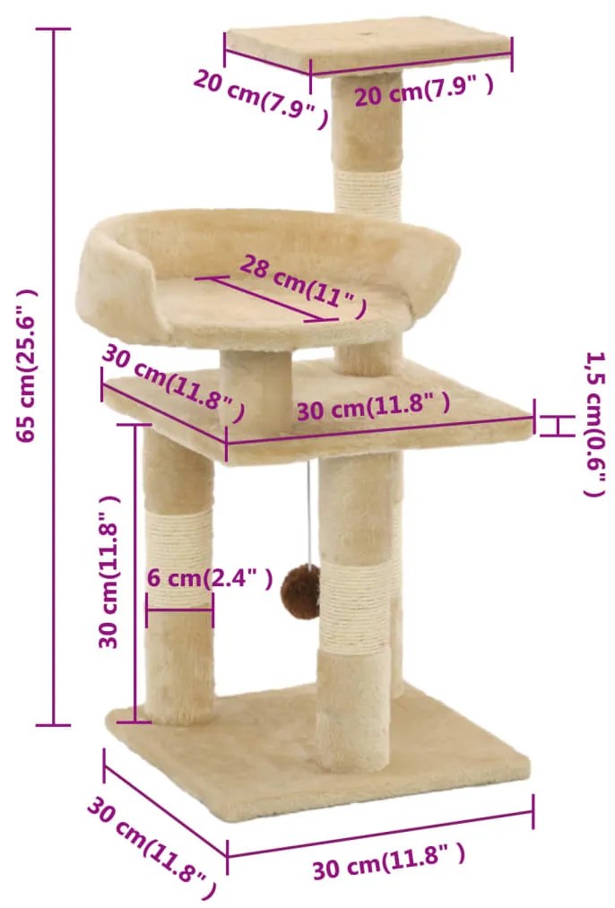 Árvore para gatos c/ postes arranhadores sisal 65 cm bege