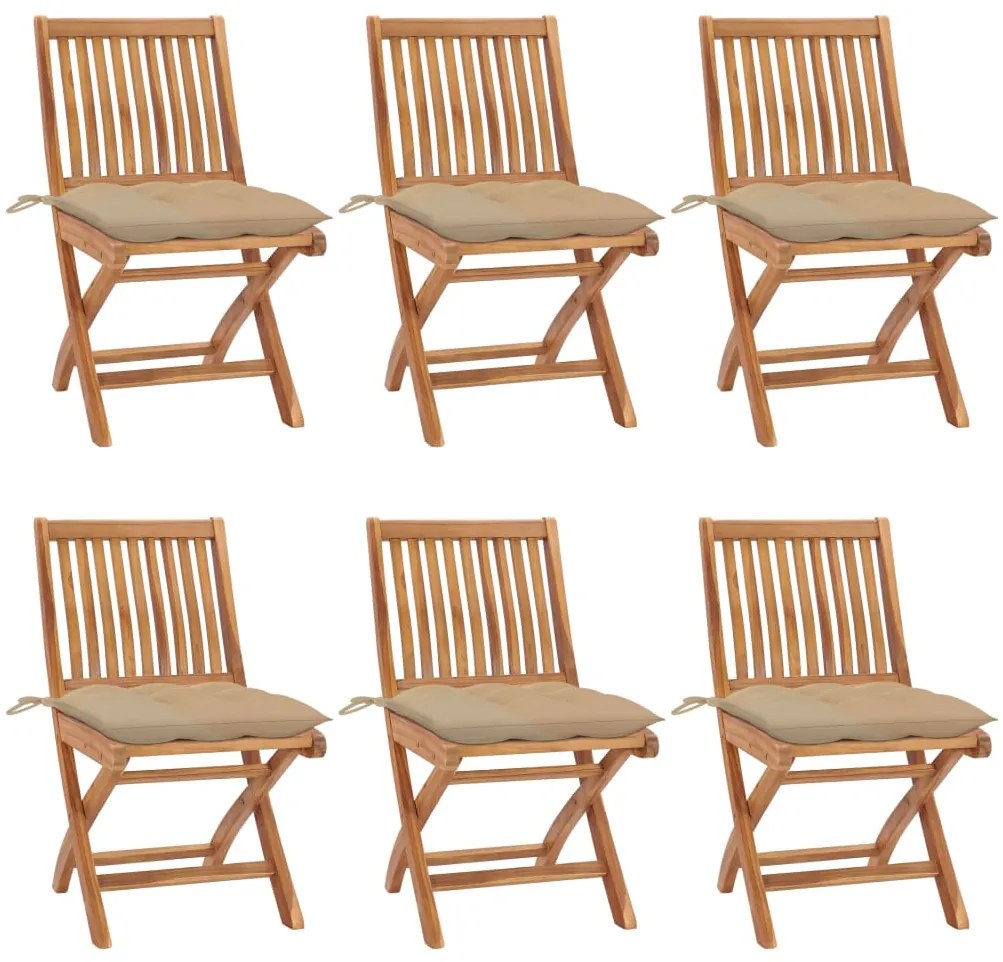 vidaXL Cadeiras de jardim dobráveis c/ almofadões 6 pcs teca maciça