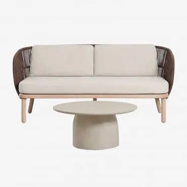 Conjunto De Jardim Com Sofá De 2 Lugares Em Corda Trançada Capri E Mesa De Centro Redonda Ø75 Cm Em Cimento Layana Castanho Chocolate - Sklum