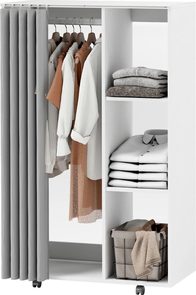 Guarda roupa aberto móvel com 4 Rodas 80 (L) x 40 (P) x 128 (A) cm, com varão para pendurar roupa e prateleiras abertas, branco