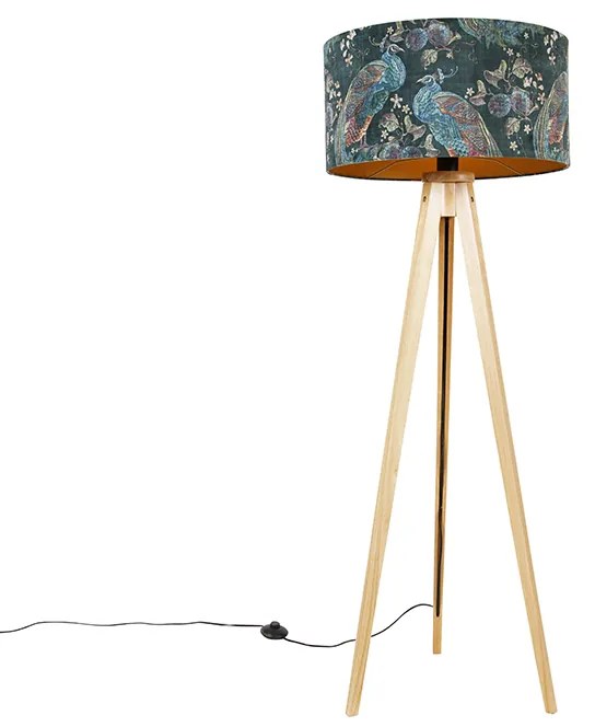 Candeeiro de pé moderno em madeira com abajur em tecido preto com padrão de pavão 50 cm - Tripod Classic Moderno