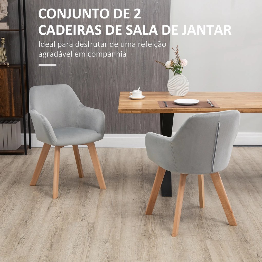 Cadeiras de Jantar Conjunto de 2 Estofadas em Veludo (MESA NÃO INCLUIDA) Encosto Médio Pés de Madeira para Sala de Jantar Cinza