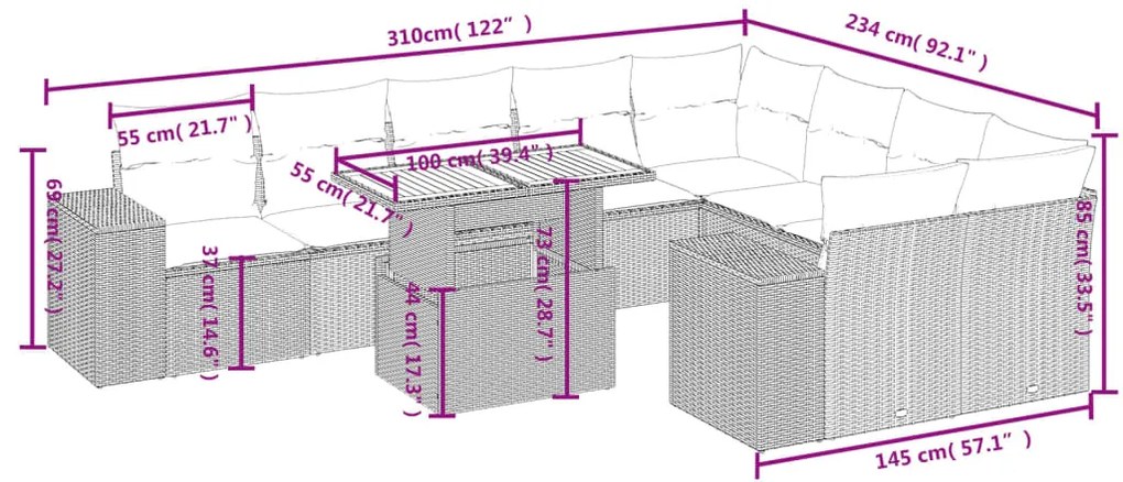 10 pcs conjunto sofás de jardim c/ almofadões vime PE cinzento